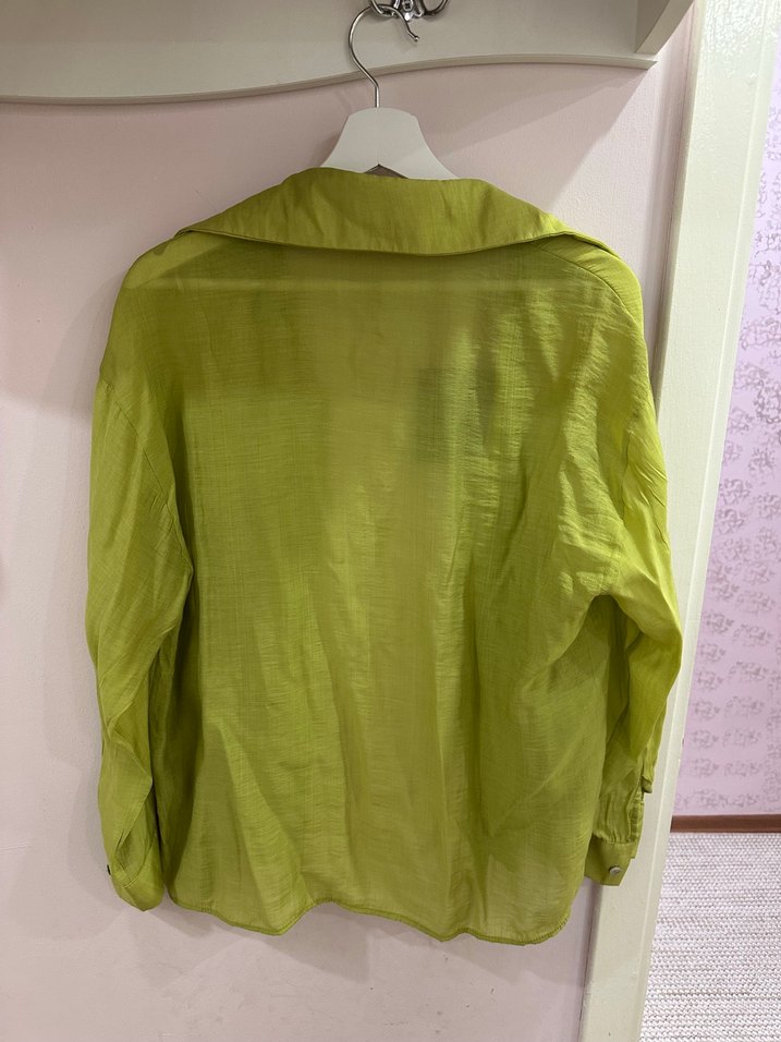 Düğmeli Yeşil Keten Kadın Gömlek - Görsel 3