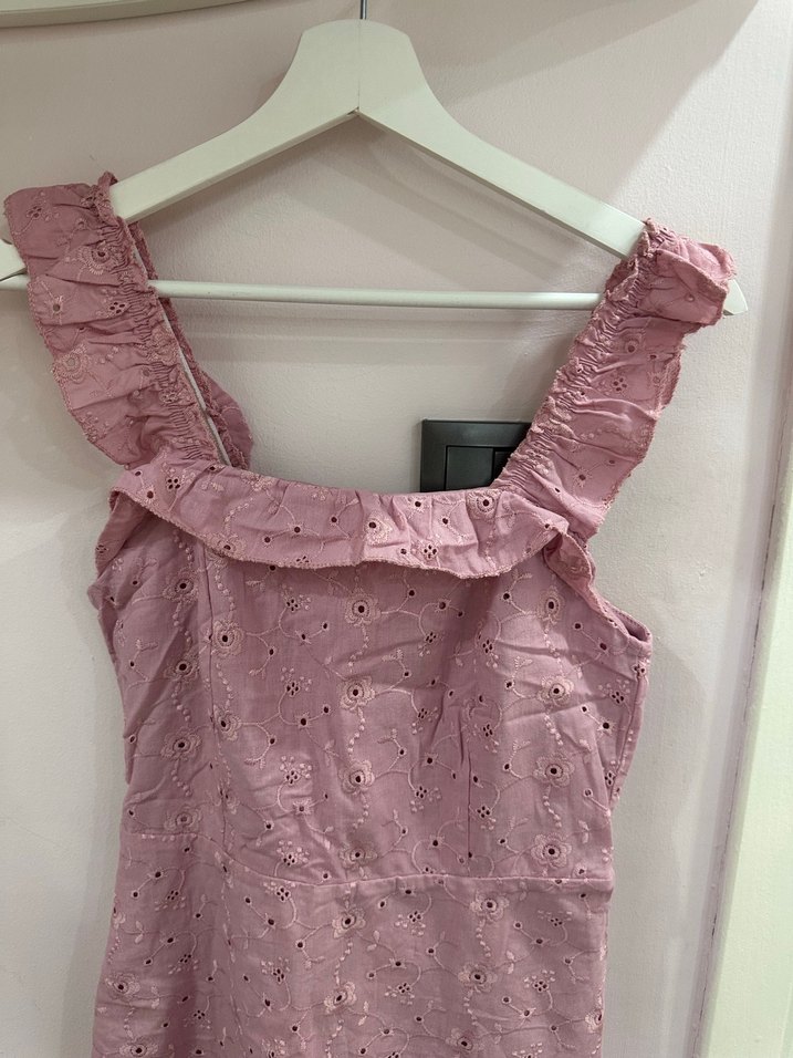 Pembe Nakışlı Fırfırlı Midi Elbise - Görsel 2