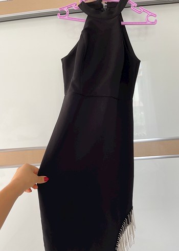 Siyah Mini Elbise Püskül Detaylı