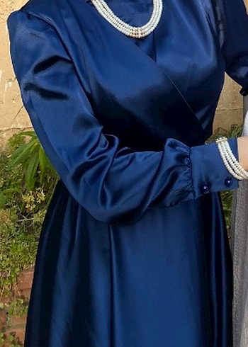 Uzun Kollu Parlak Mavi Drape Abiye Elbise - Görsel 2