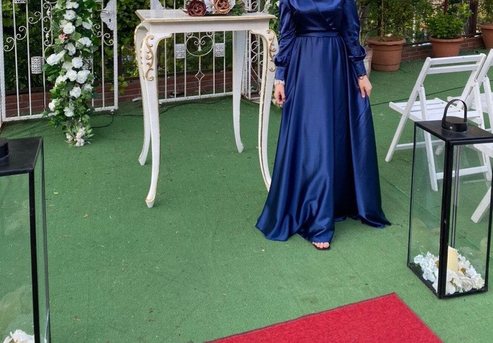 Uzun Kollu Parlak Mavi Drape Abiye Elbise - Görsel 3