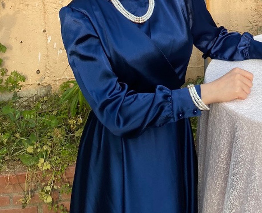 Uzun Kollu Parlak Mavi Drape Abiye Elbise - Görsel 2