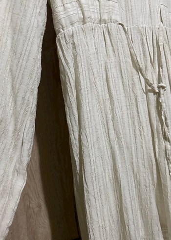 Ekru Bohem Uzun Kollu Keten Elbise - Görsel 3