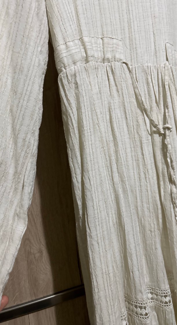 Ekru Bohem Uzun Kollu Keten Elbise - Görsel 3