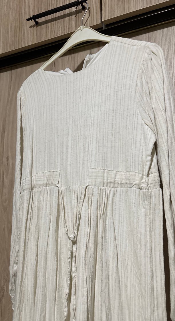 Ekru Bohem Uzun Kollu Keten Elbise - Görsel 4