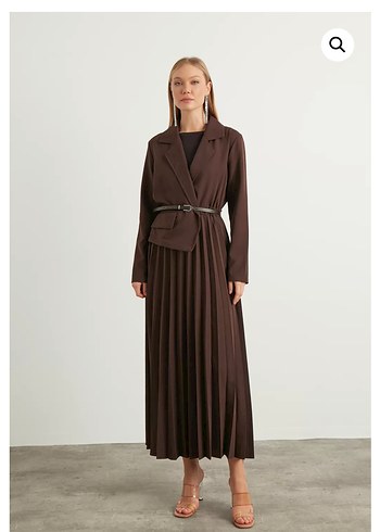 Kahverengi Kadın Uzun Pilili Blazer Ceket Elbise - Görsel 2