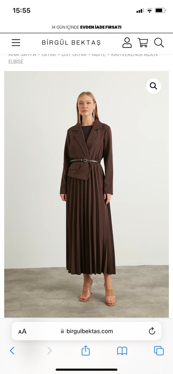 Kahverengi Kadın Uzun Pilili Blazer Ceket Elbise - Görsel 2