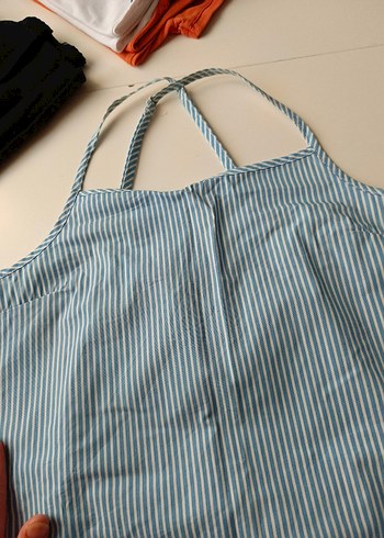 Mavi Çizgili Askılı Midi Elbise - Görsel 6
