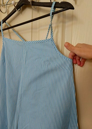 Mavi Çizgili Askılı Midi Elbise - Görsel 3