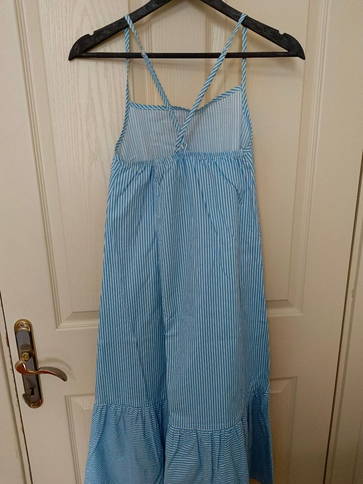 Mavi Çizgili Askılı Midi Elbise - Görsel 5