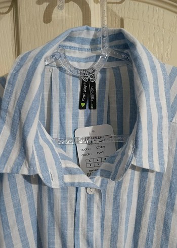 Mavi Çizgili Kadın Keten Gömlek - Görsel 4