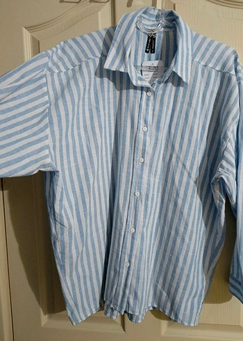 Mavi Çizgili Kadın Keten Gömlek - Görsel 3