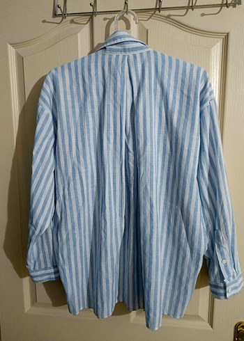 Mavi Çizgili Kadın Keten Gömlek - Görsel 5