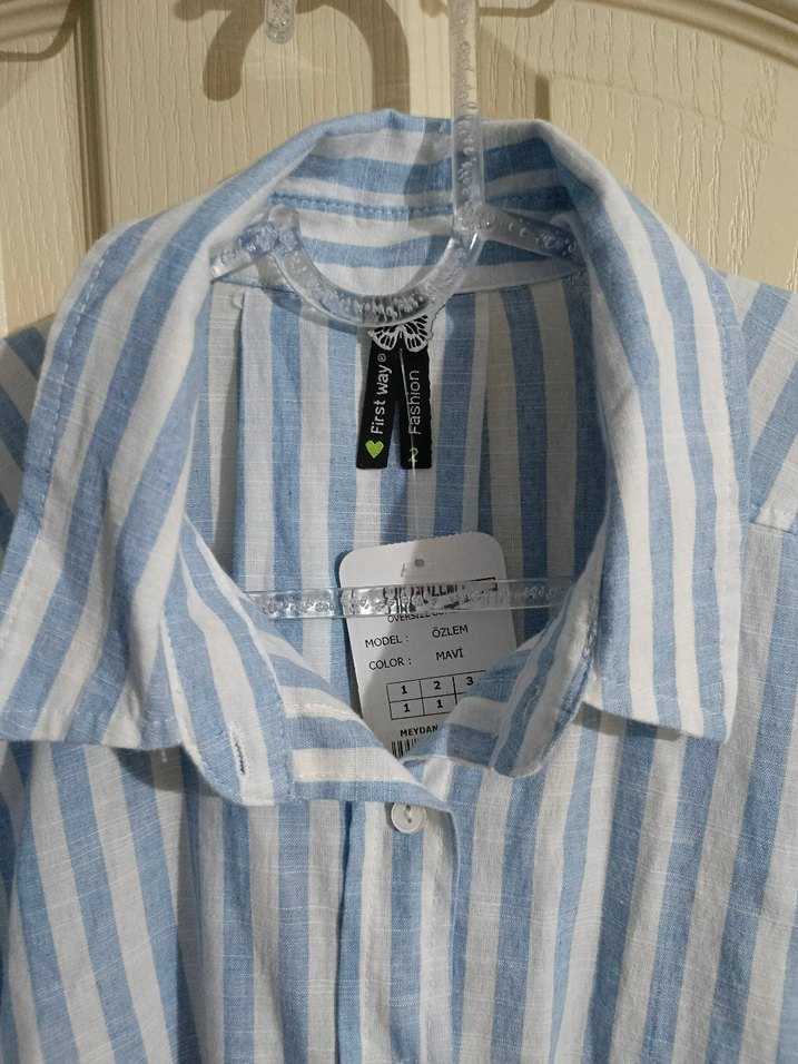 Mavi Çizgili Kadın Keten Gömlek - Görsel 4