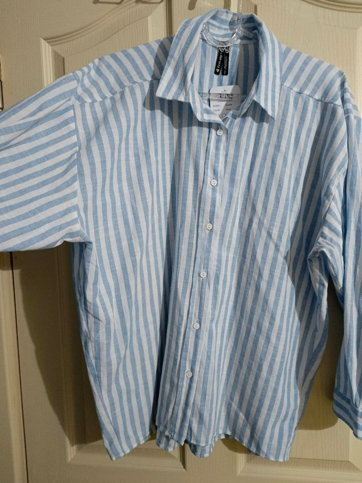 Mavi Çizgili Kadın Keten Gömlek - Görsel 3