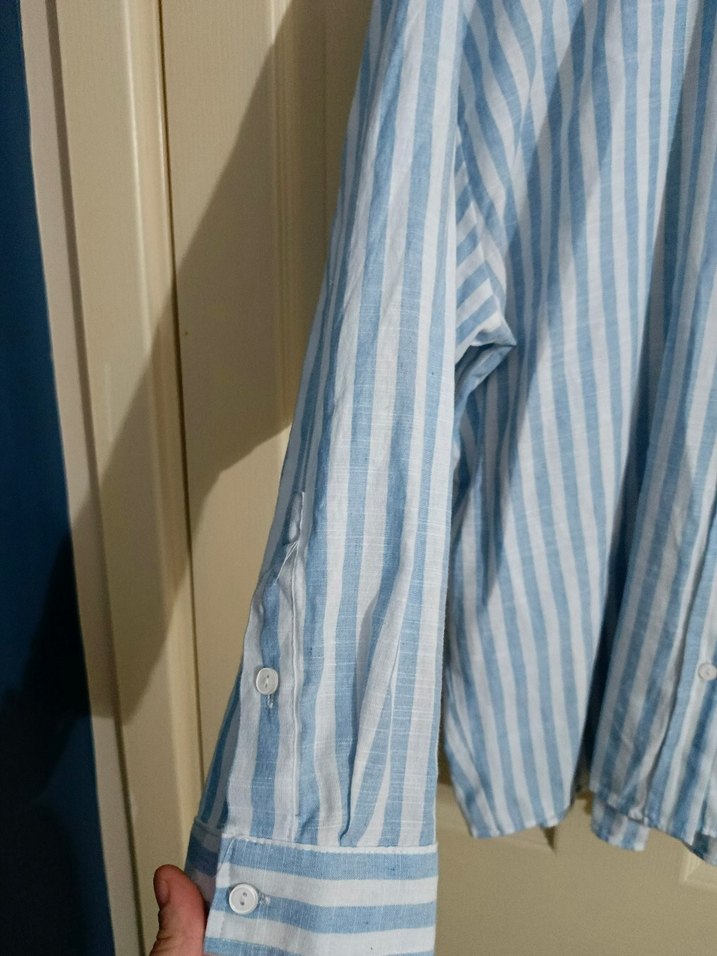 Mavi Çizgili Kadın Keten Gömlek - Görsel 2