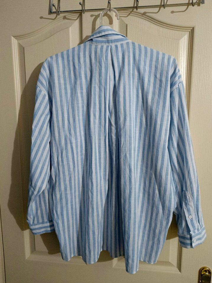 Mavi Çizgili Kadın Keten Gömlek - Görsel 5