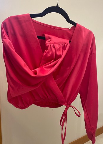 Pembe Drapeli Uzun Kollu V Yaka Bluz