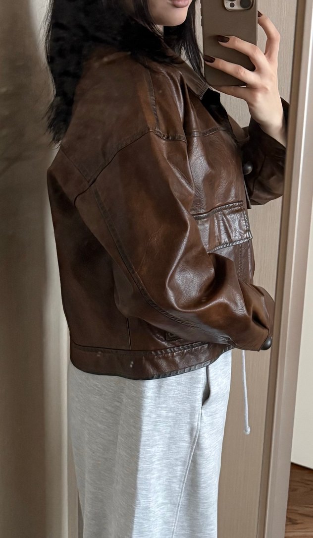 Düğmeli Kahverengi Kadın Deri Ceket - Görsel 2