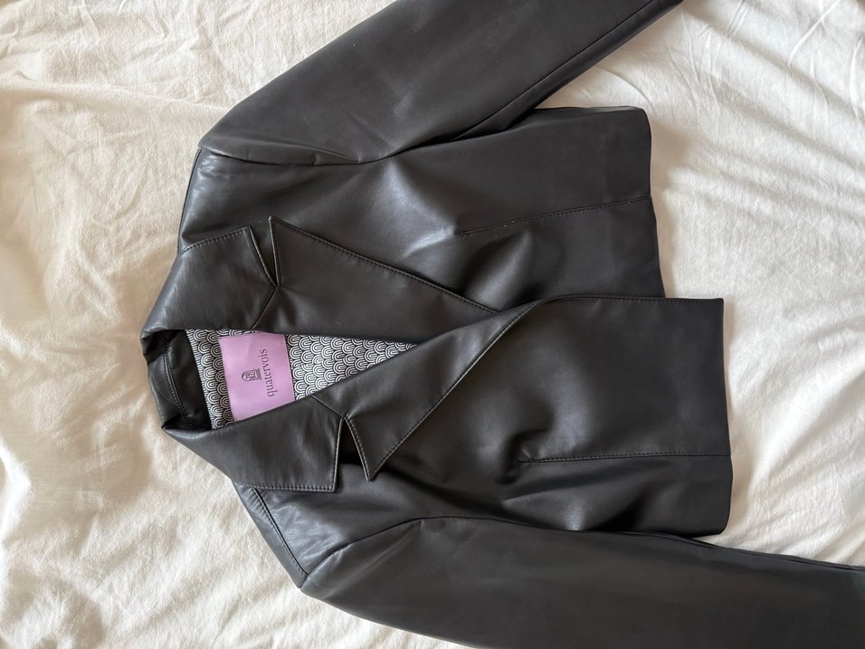 Düğmeli Siyah Mini Deri Ceket - Görsel 3