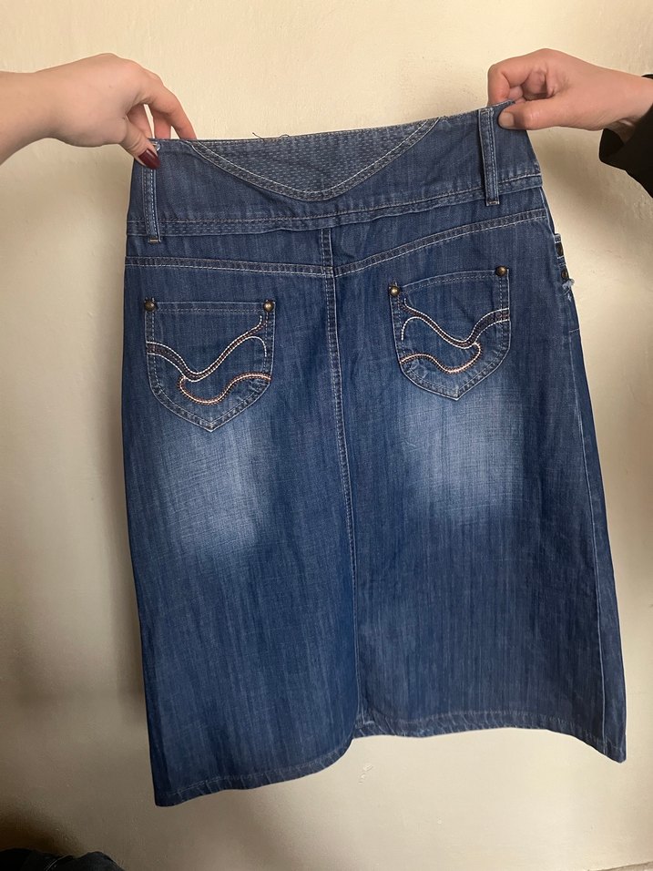 Düğmeli Lacivert Midi Denim Etek - Görsel 2