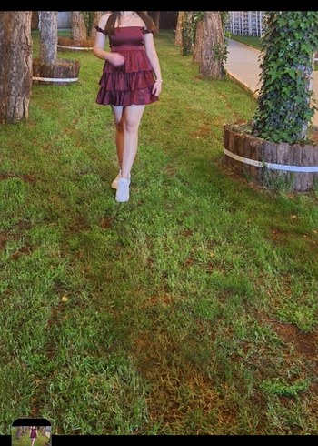 Diğer Bordo saten Straplez Mini Elbise