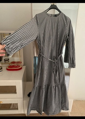 42 Beden gri Renk Gri Ekose Desenli Uzun Keten Elbise