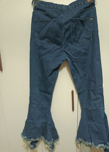 Özel Tasarım Kadın Mavi Denim Paça Fırfırlı  Pantolon - Görsel 4