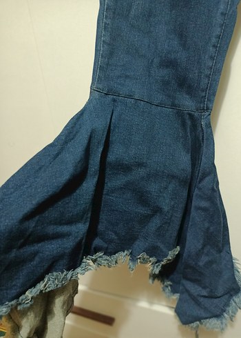 Özel Tasarım Kadın Mavi Denim Paça Fırfırlı  Pantolon - Görsel 3