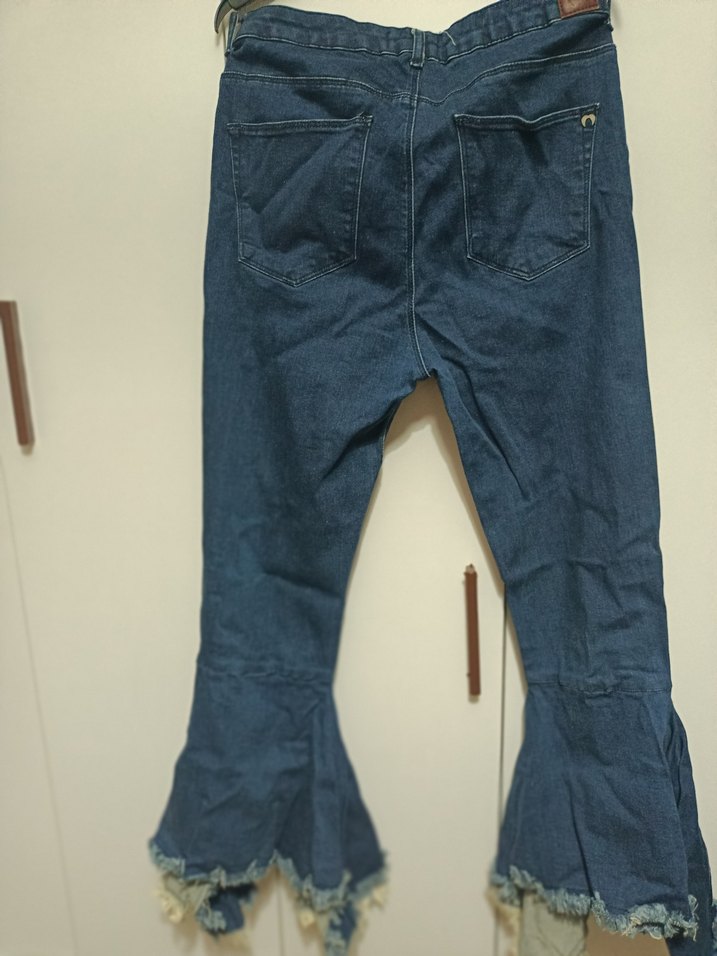 Özel Tasarım Kadın Mavi Denim Paça Fırfırlı  Pantolon - Görsel 4