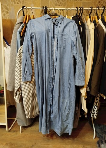 Hamile Mavi Uzun Kot Elbise - Görsel 3