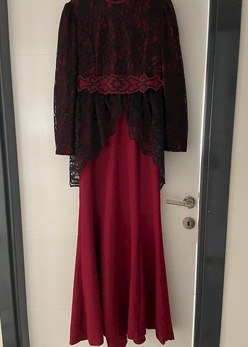 Bordo Uzun Kollu Drapeli Gotik Abiye Elbise