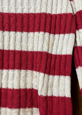 Kırmızı Beyaz Çizgili Triko Kadın Kazak - Görsel 2