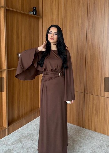 Drapeli Uzun Kahverengi elbise - Görsel 2