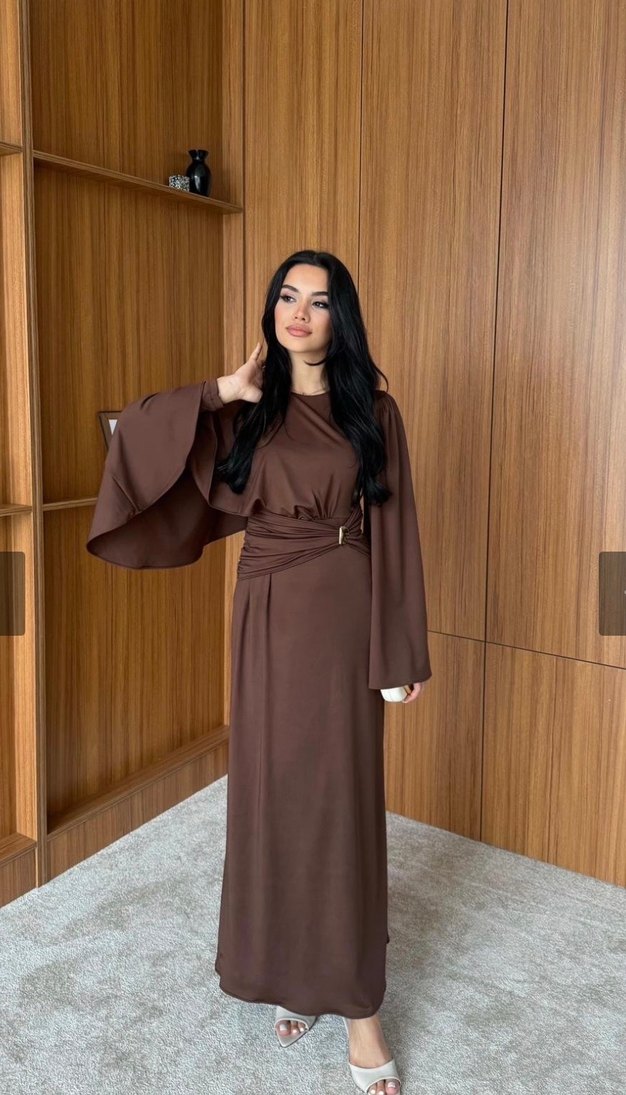 Drapeli Uzun Kahverengi elbise - Görsel 2