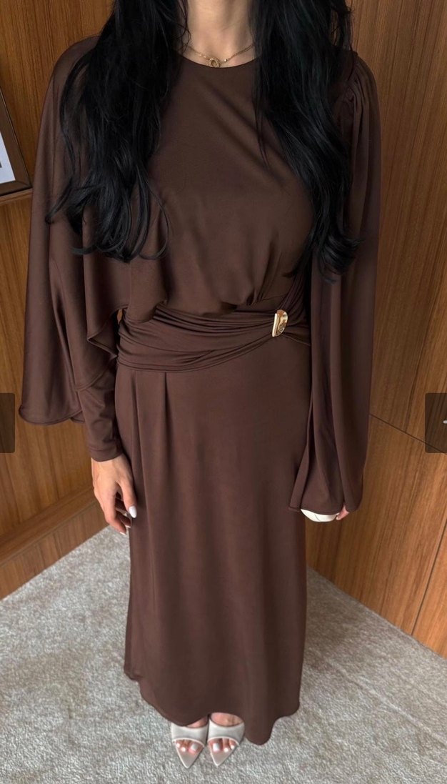 Drapeli Uzun Kahverengi elbise - Görsel 3