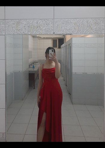 Abiye Kırmızı Drapeli Uzun Abiye Elbise