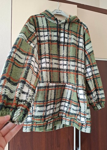 Kapüşonlu Ekoseli polar sweatshirt tunik