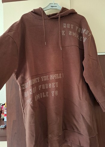 universal Beden kahverengi Renk Kahverengi Yazı Baskılı Kapişonlu Uzun Tunik Sweatshirt