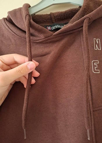 Diğer Kahverengi Yazı Baskılı Kapişonlu Uzun Tunik Sweatshirt
