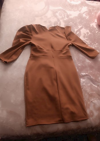 Bej V Yakalı Drapeli Midi Elbise - Görsel 3