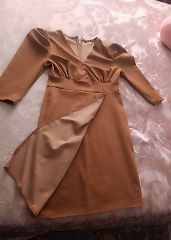 Bej V Yakalı Drapeli Midi Elbise - Görsel 2