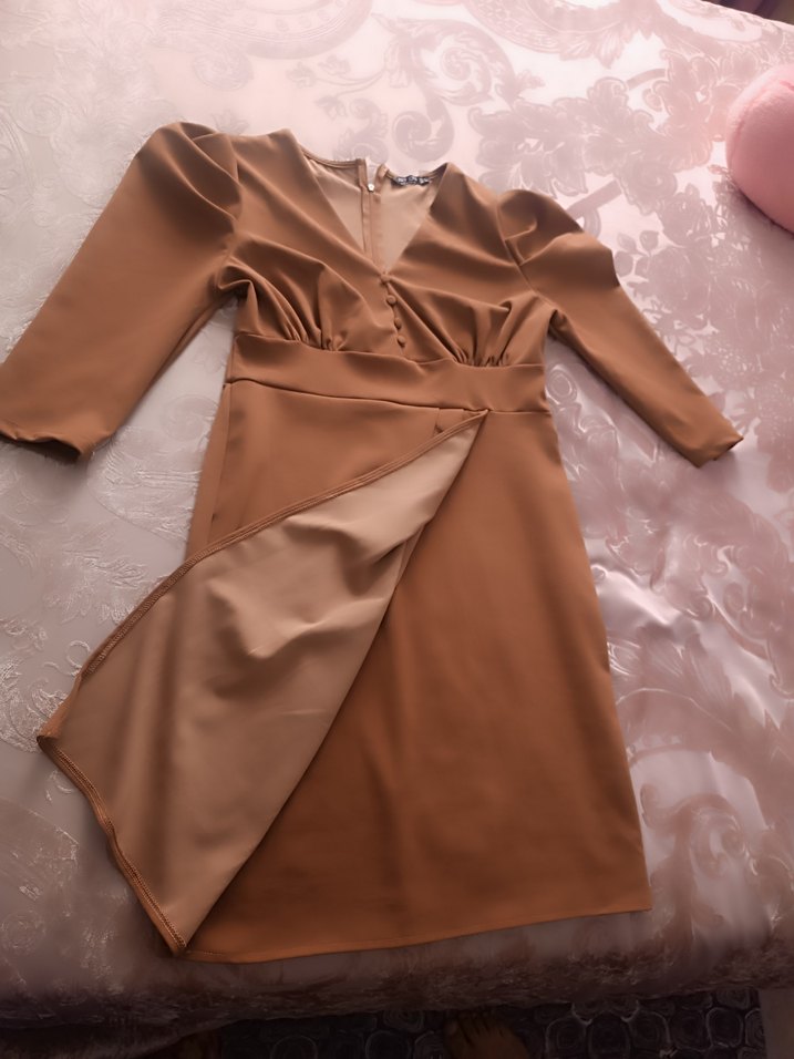 Bej V Yakalı Drapeli Midi Elbise - Görsel 2