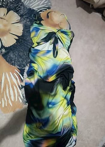 Askılı Drapeli Uzun Batik Desenli Elbise - Görsel 2