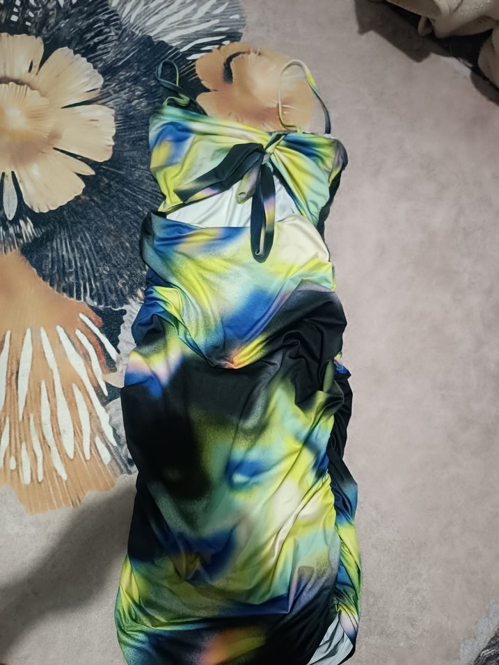 Askılı Drapeli Uzun Batik Desenli Elbise - Görsel 2