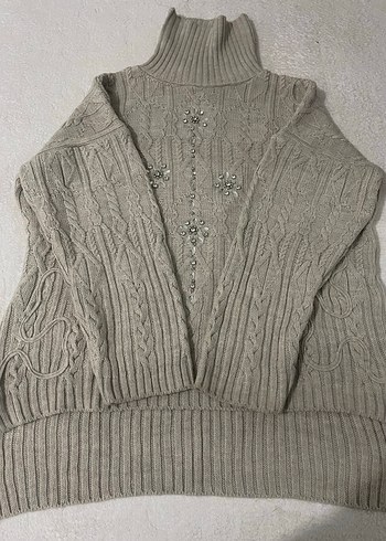 Nakışlı krem Bohem Balıkçı Yaka Kadın Kazak - Görsel 3