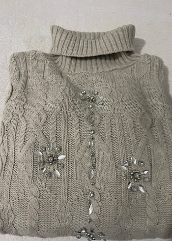 Nakışlı krem Bohem Balıkçı Yaka Kadın Kazak - Görsel 4