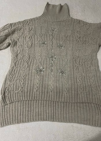 Nakışlı krem Bohem Balıkçı Yaka Kadın Kazak - Görsel 2