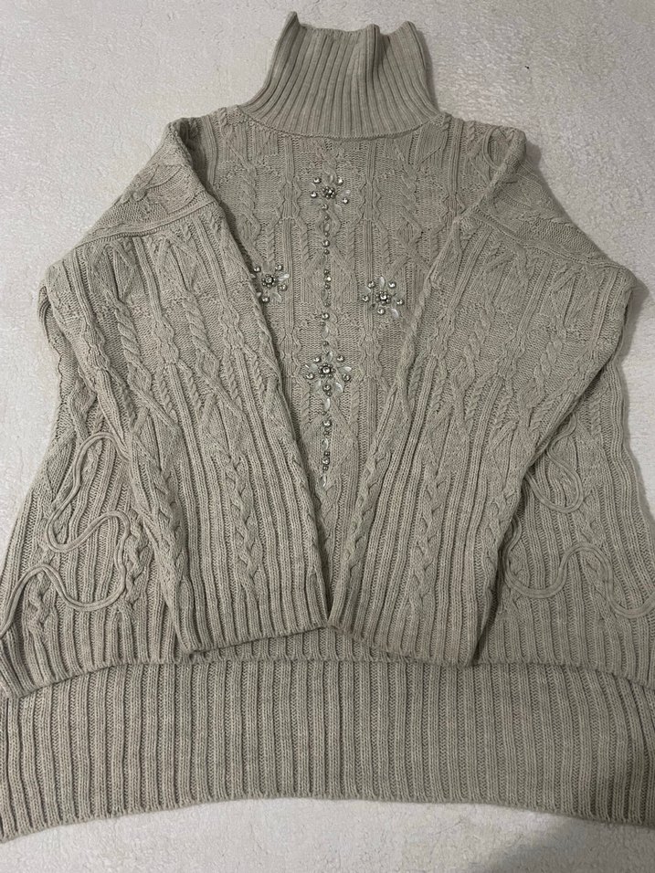 Nakışlı krem Bohem Balıkçı Yaka Kadın Kazak - Görsel 3