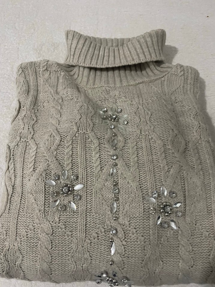 Nakışlı krem Bohem Balıkçı Yaka Kadın Kazak - Görsel 4